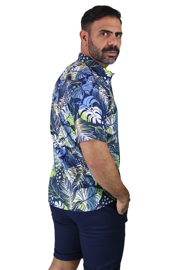Camisa Manga Corta Azul Marino Con Hojas Verdes Slim Fit Para Hombre